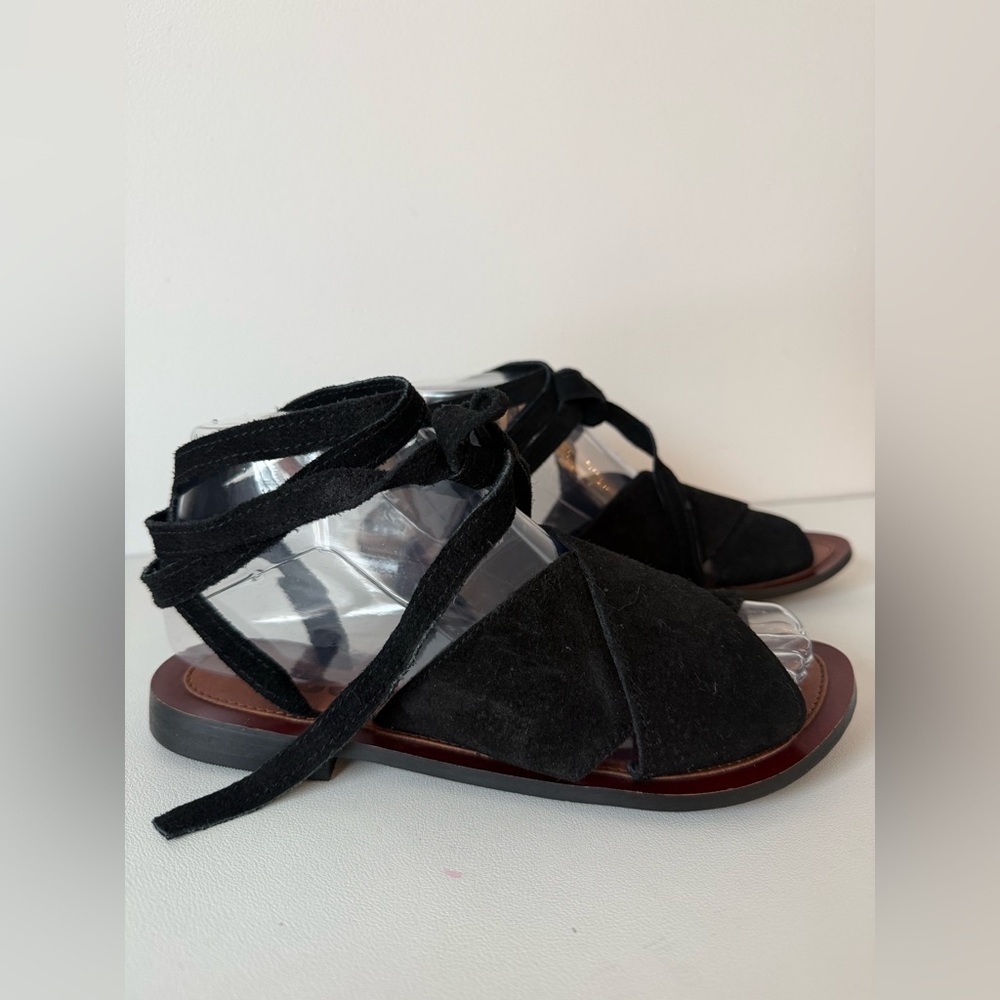 Hibou Bohemian Black Suede Ankle Wrap Flat Sandals | Lace-Up Open Toe NWT - Picture 7 of 13